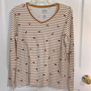 Croft & Barrow Long sleeve White & Gold striped Top, w Foxes all over Size L